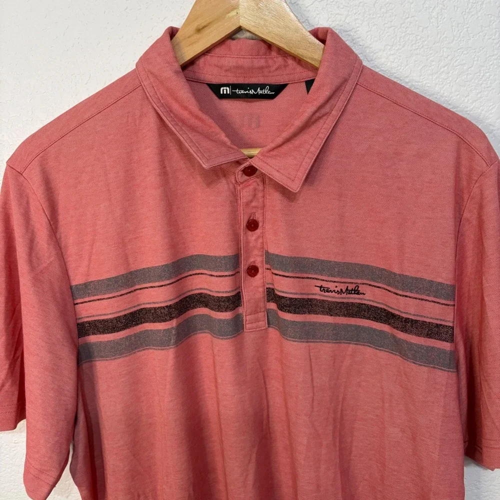 TravisMathew Mens XL Short Sleeve Polo Shirt Coral Pink Heathered Striped Golf